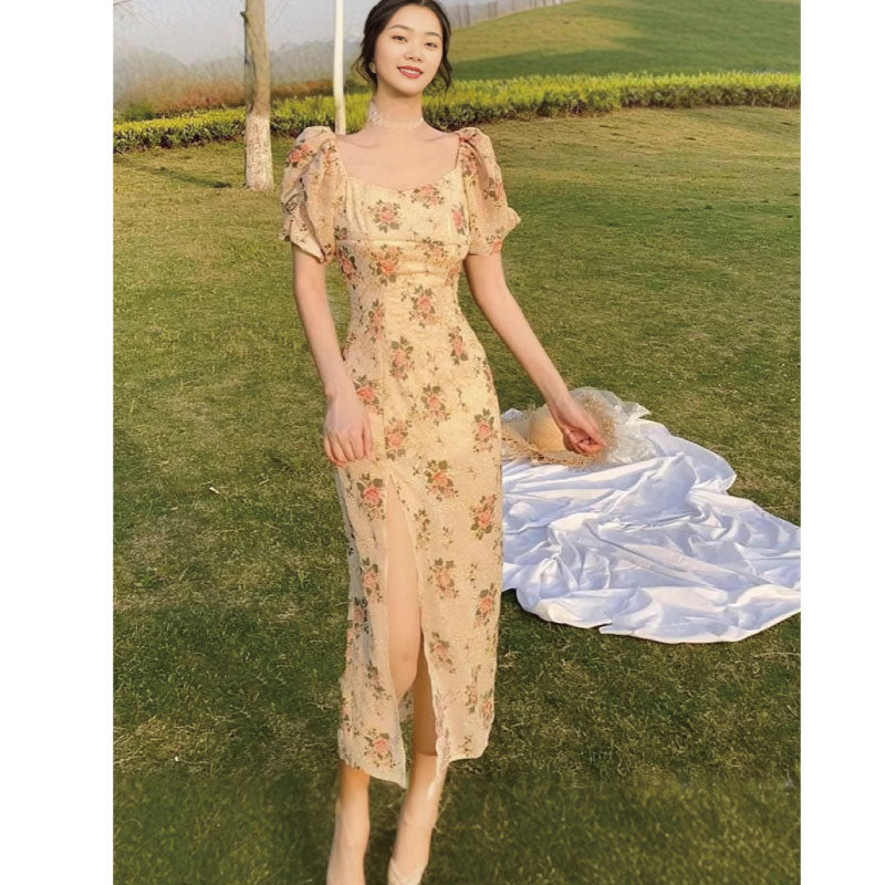 花柄 半袖 ボリューム袖 ワンピース ロング丈