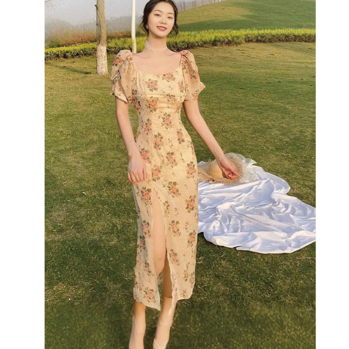 花柄 半袖 ボリューム袖 ワンピース ロング丈