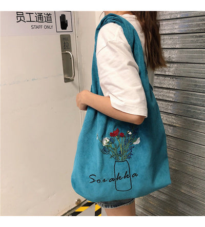 手提袋杂货袋女士灯芯绒刺绣