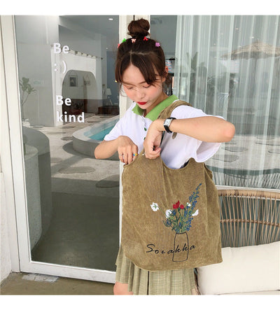 手提袋杂货袋女士灯芯绒刺绣