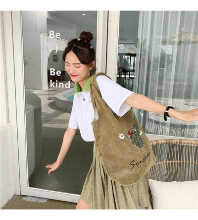 手提袋杂货袋女士灯芯绒刺绣