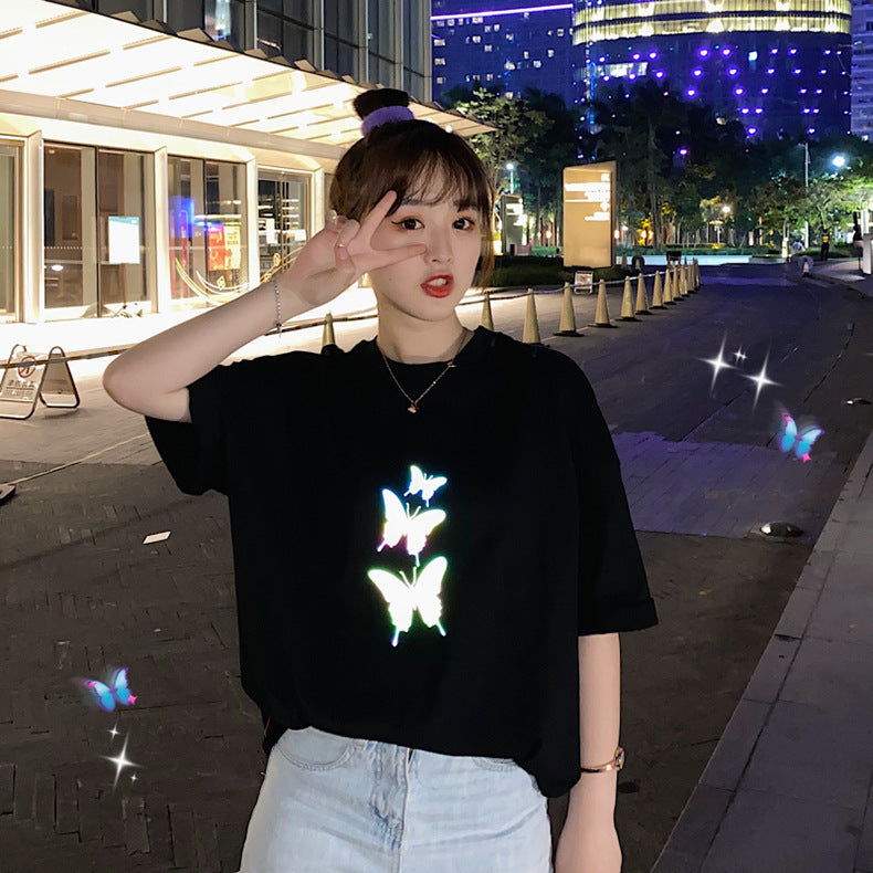 빅 T 셔츠 여성 리플렉터 나비 나비 프리 사이즈