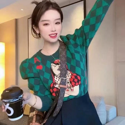 チェック ニット トップス レディース パワーショルダー風 長袖ニット